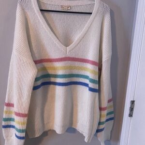 New Women's V-Neck Rainbow Stripe Sweater